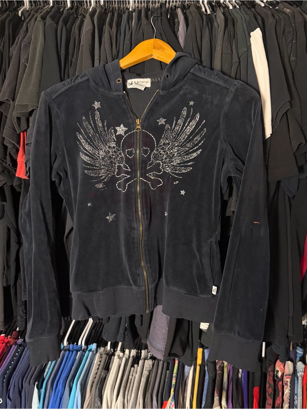 Self Esteem Skull Hoodie Womens Large Black Velour Zip Up Vintage Y2K Grunge 00s
